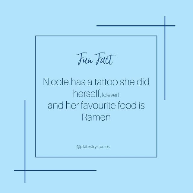 With some fun facts about Nicole you can chat to her tomorrow about her favourite place to eat ramen or view her handy work. 

Nicole returns in the morning from her Holiday! Don’t forget to preschedule your class! 

#pilates #pilatestrystudios #refomer #chair #springboard #inspire #evolve #challenge